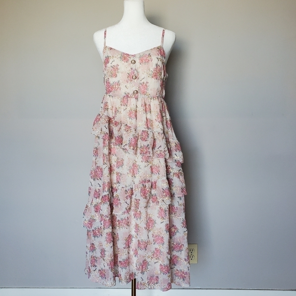 Mimius Ruffled Asymmetrical Tiered Embroidered Lace Ditsy Floral Midi Dress M
